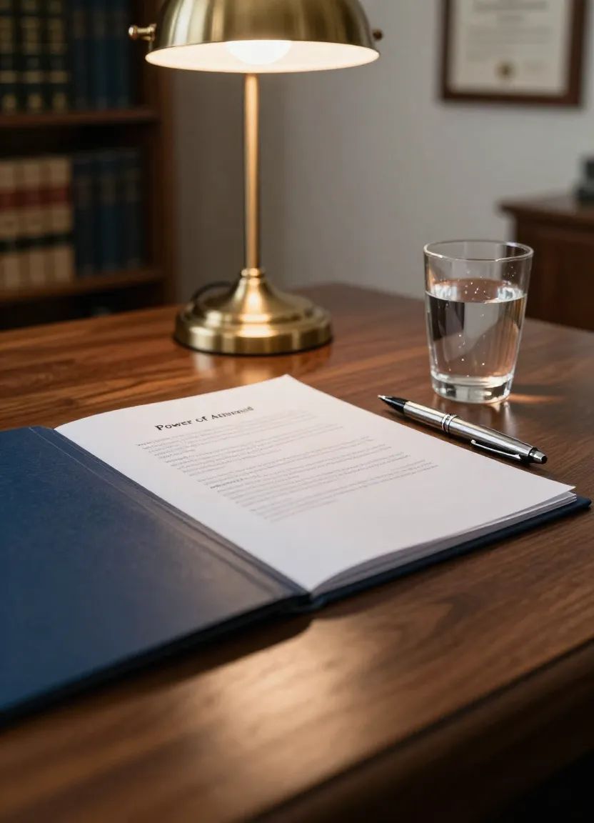 Notary reviewing a power of attorney document with a client at a table